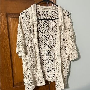 Ultra Pink Cream Crochet Cardigan short sleeve with buttons: Ultra Pink Large